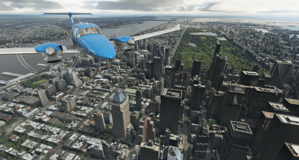 A plane flying over New York with Central Park in the background and many skyscrapers in the foreground
