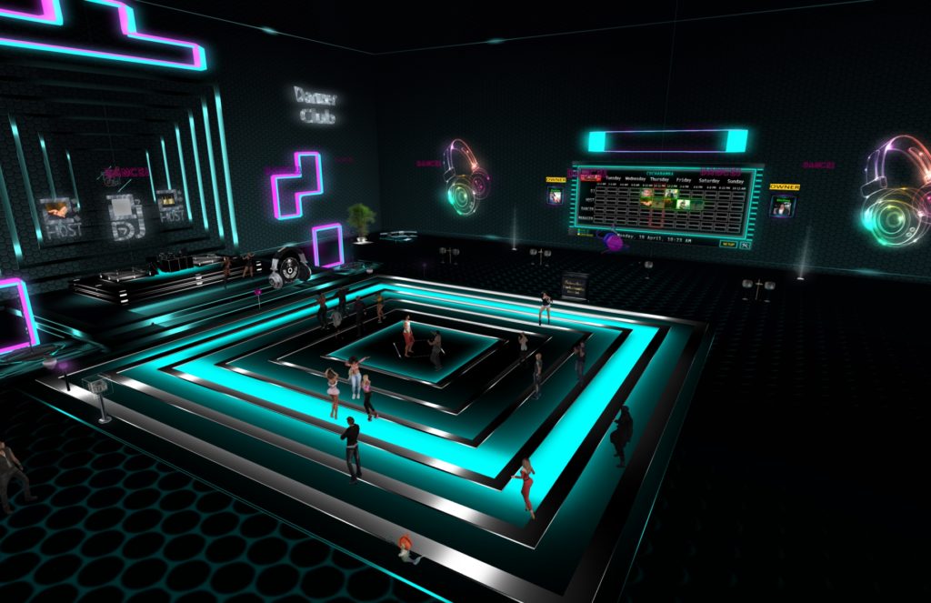 A CGI of a nightclub dance floor with lots of people standing on it