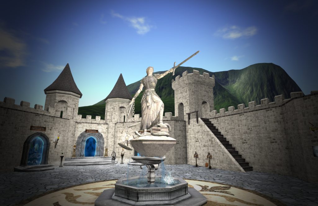 CGI of a castle courtyard surrounded by stone walls, With a Fountain in the middle, above which is a statue of a lady holding a sword aloft in one hand