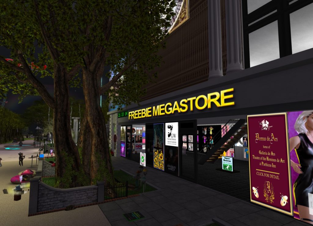 CGI storefront with the words freebie Megastore above the door