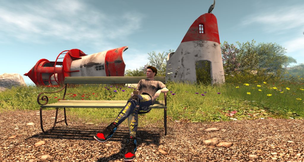 CGI man sat cross-legged on a bench holding a cup with a fallen down lighthouse in the background lying on its side