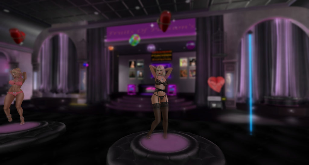 The inside of a CGI strip club with 2 ladies in Lingerie dancing on tables