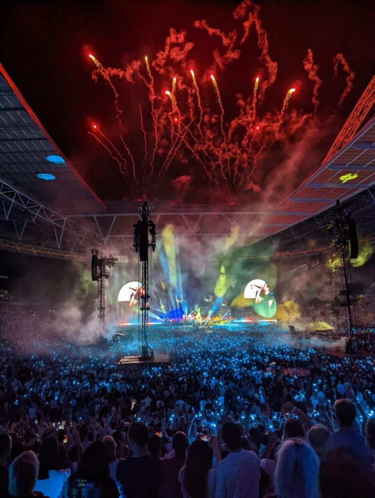 Fireworks in the sky with a big crowd below and every person has a blue light on their wristband