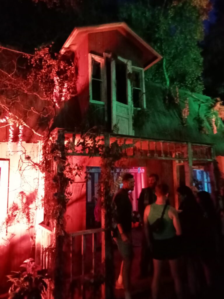 A house illuminated with lights and people queueing to gain entry