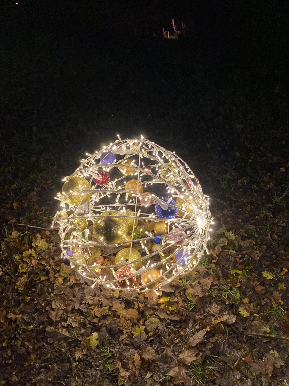 A decorative Christmas light display featuring a spherical arrangement of ornaments and fairy lights on a forest floor covered with fallen leaves.