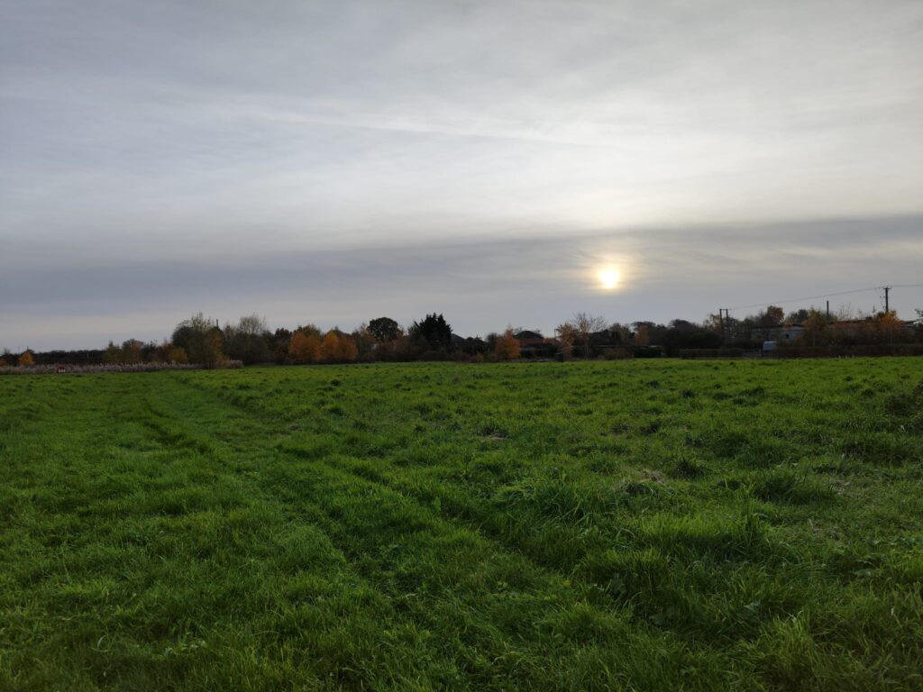 A scenic view of a green field under a cloudy sky, with a faint sun setting in the background. Trees with autumn foliage are visible along the horizon.