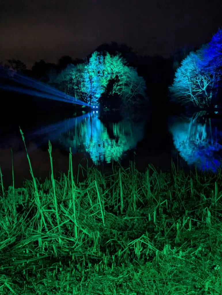 A nighttime view of a lake surrounded by illuminated trees in vibrant blues and greens, with beams of light shining across the water.