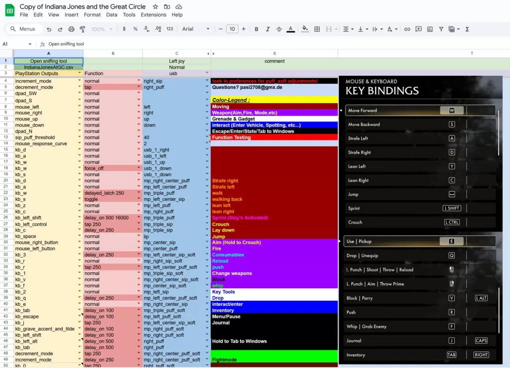 Spreadsheet showing game controls and key bindings for the game 'Indiana Jones and the Great Circle,' used for programming a Quadstick adaptive controller.