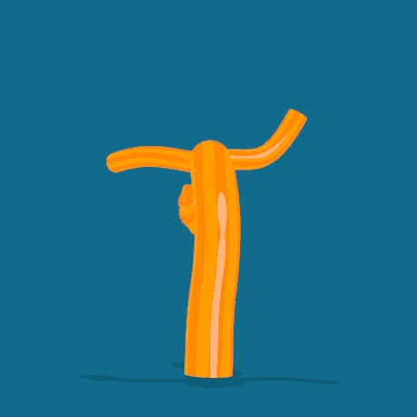 An animated orange tube figure dancing energetically against a teal background.