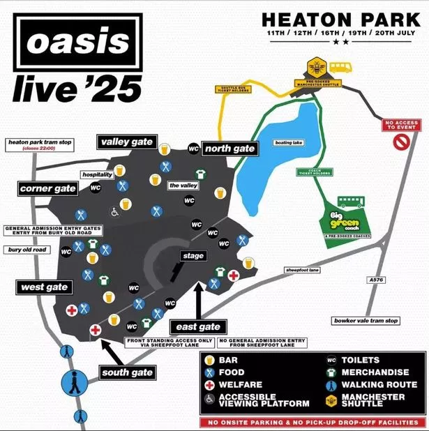 Map layout of the Oasis gig at Heaton Park, showing entry gates, stage location, food stalls, accessible viewing platform, and facilities.